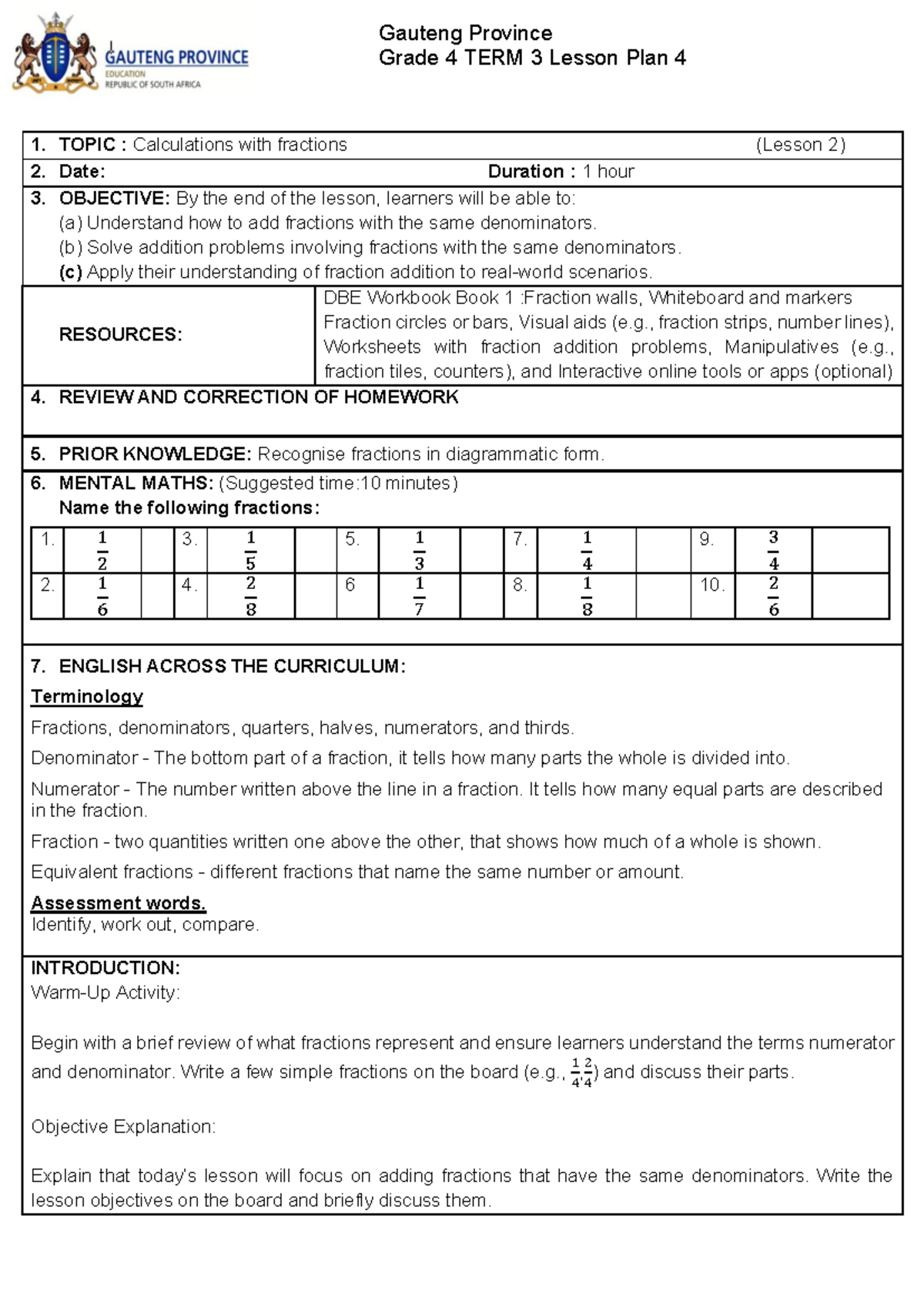 Gauteng Province Grade 4 TERM 3 Lesson Plan 4 Adding Fractions Studocu