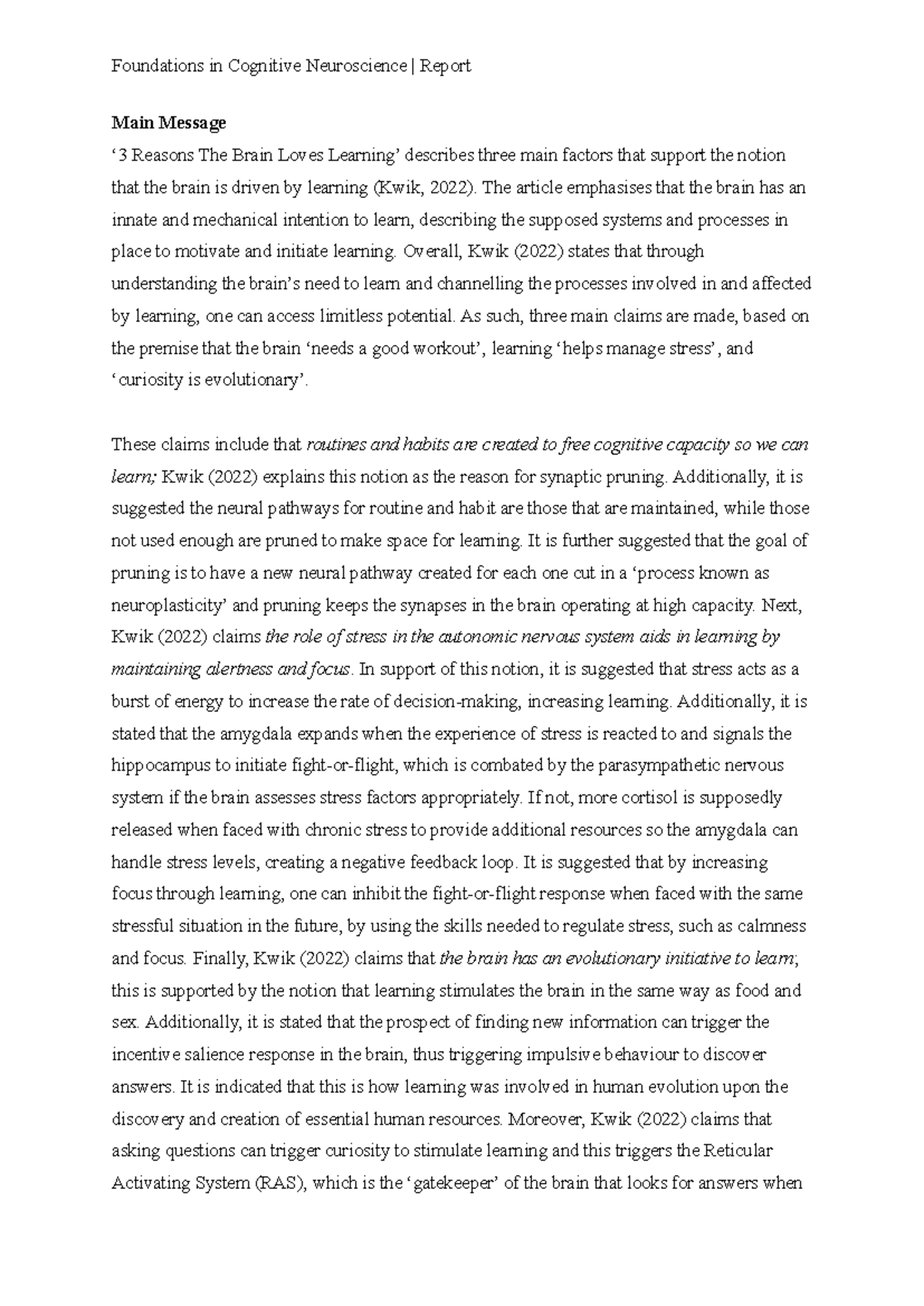 Foundations in Cognitive Neuroscience: Assessment Report on Learning ...