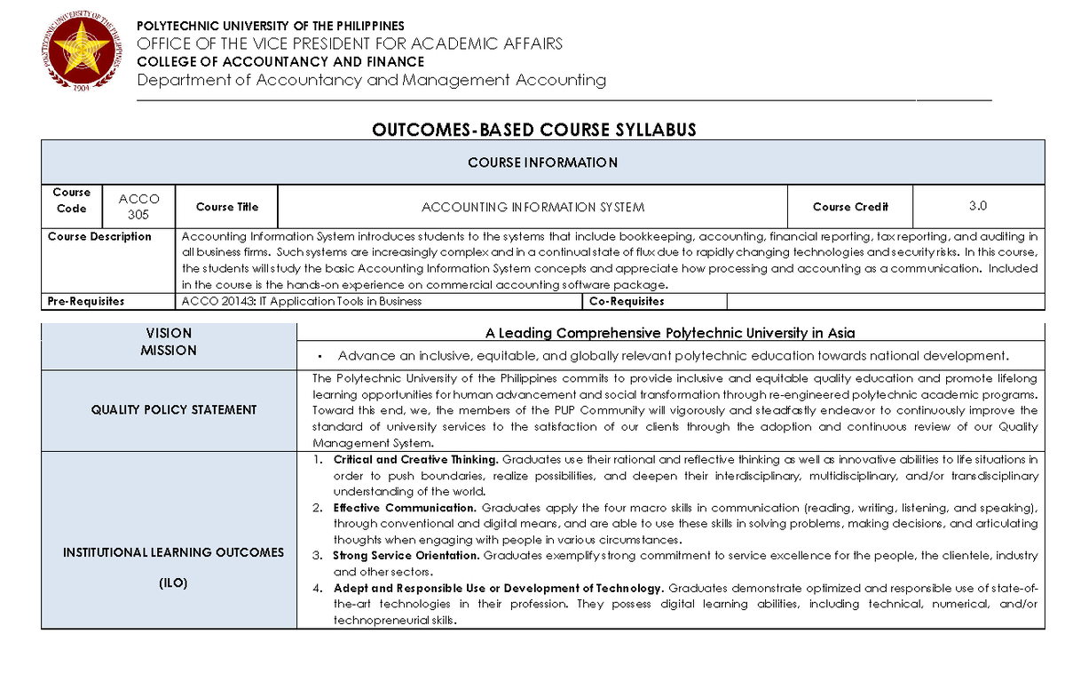 ACCO 305: Accounting Information Systems Course Syllabus - Studocu