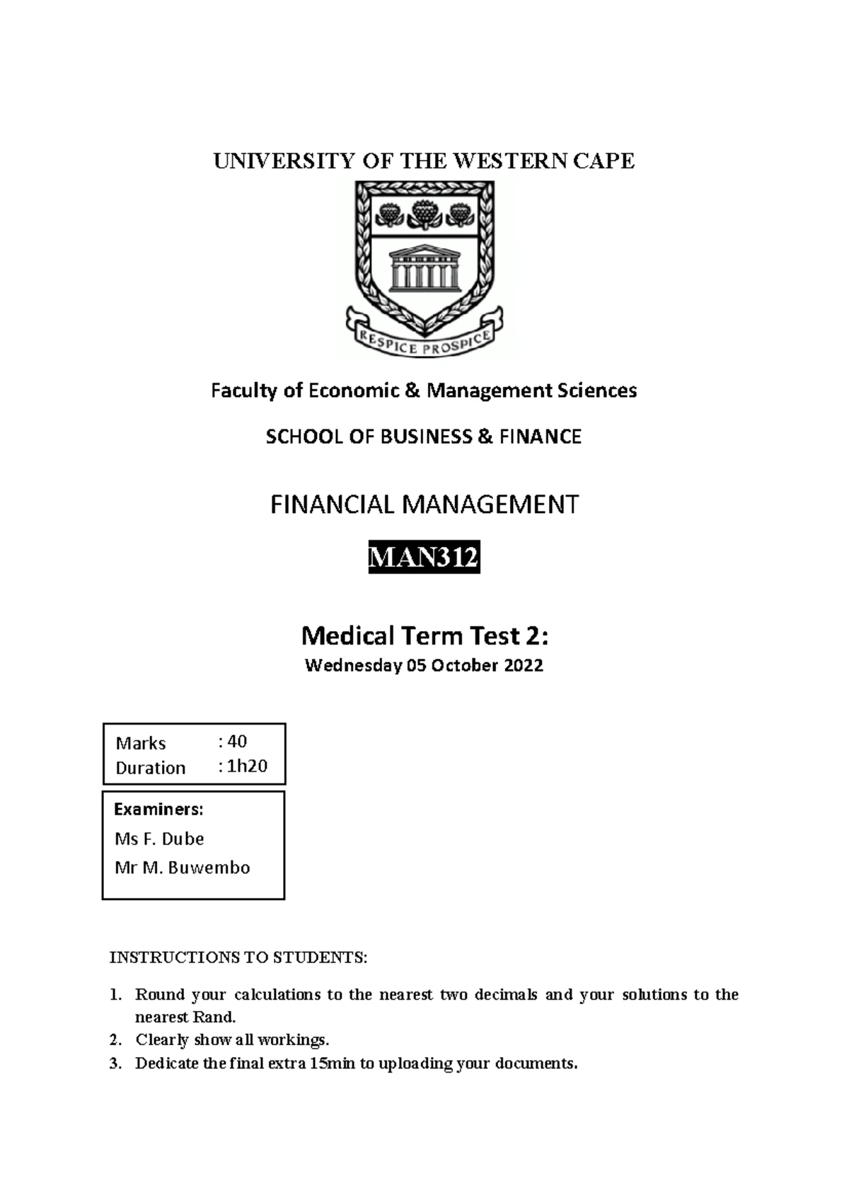 MAN312 Semester Test 1 2024 - Financial Management Exam Paper - Studocu