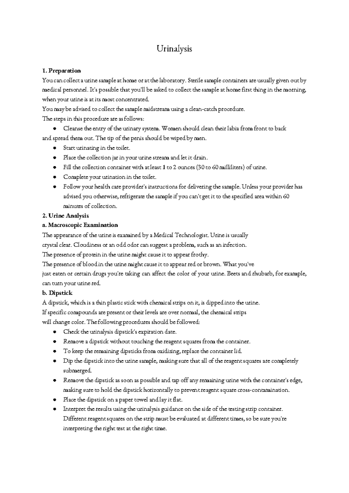 Urinalysis Procedure Guide: Sample Collection & Analysis Steps - Studocu
