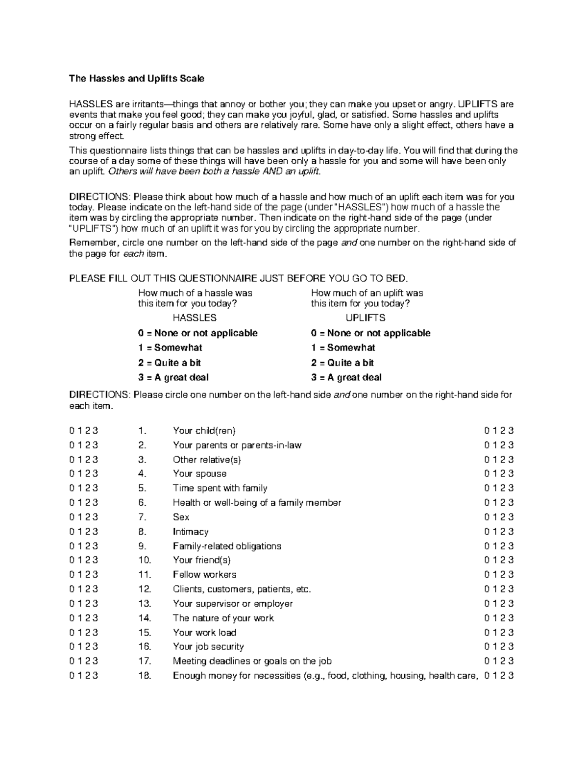 HUS - Hassles and Uplifts Scale Questionnaire for Daily Life - Studocu
