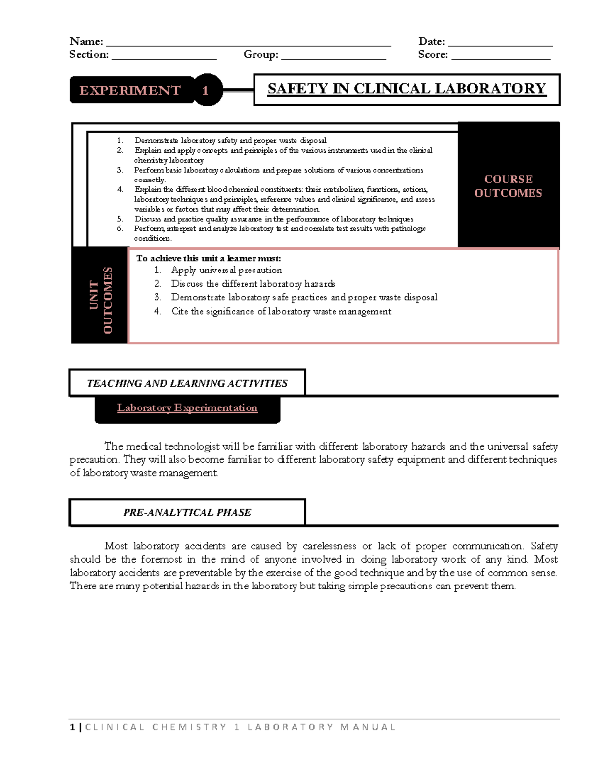 CHEMISTRY 1 LAB MANUAL: SAFETY, EQUIPMENT & ANTICOAGULANTS - Studocu