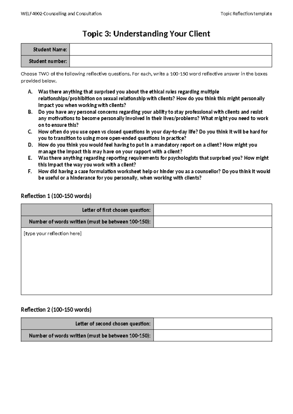 WELF4002-Topic 3: Client Understanding Reflection Template - Studocu