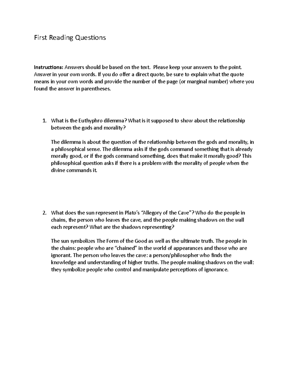 First Reading Questions - First Reading Ques/ons Instruc(ons: Answers ...
