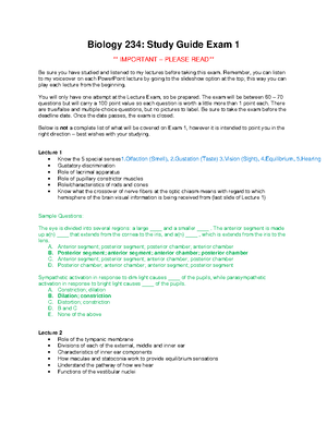 Biology 234 Study Guide Lecture Exam 2 - Biology 234: Study Guide Exam ...