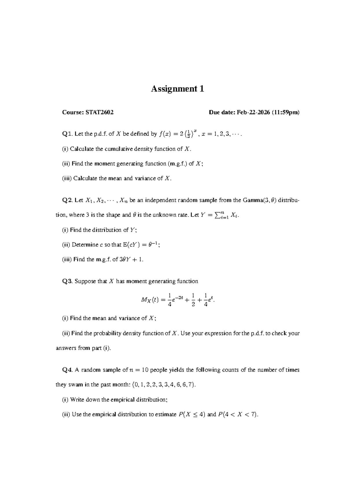 STAT2602 Assignment 1: Probability Density Functions & Moments - Studocu