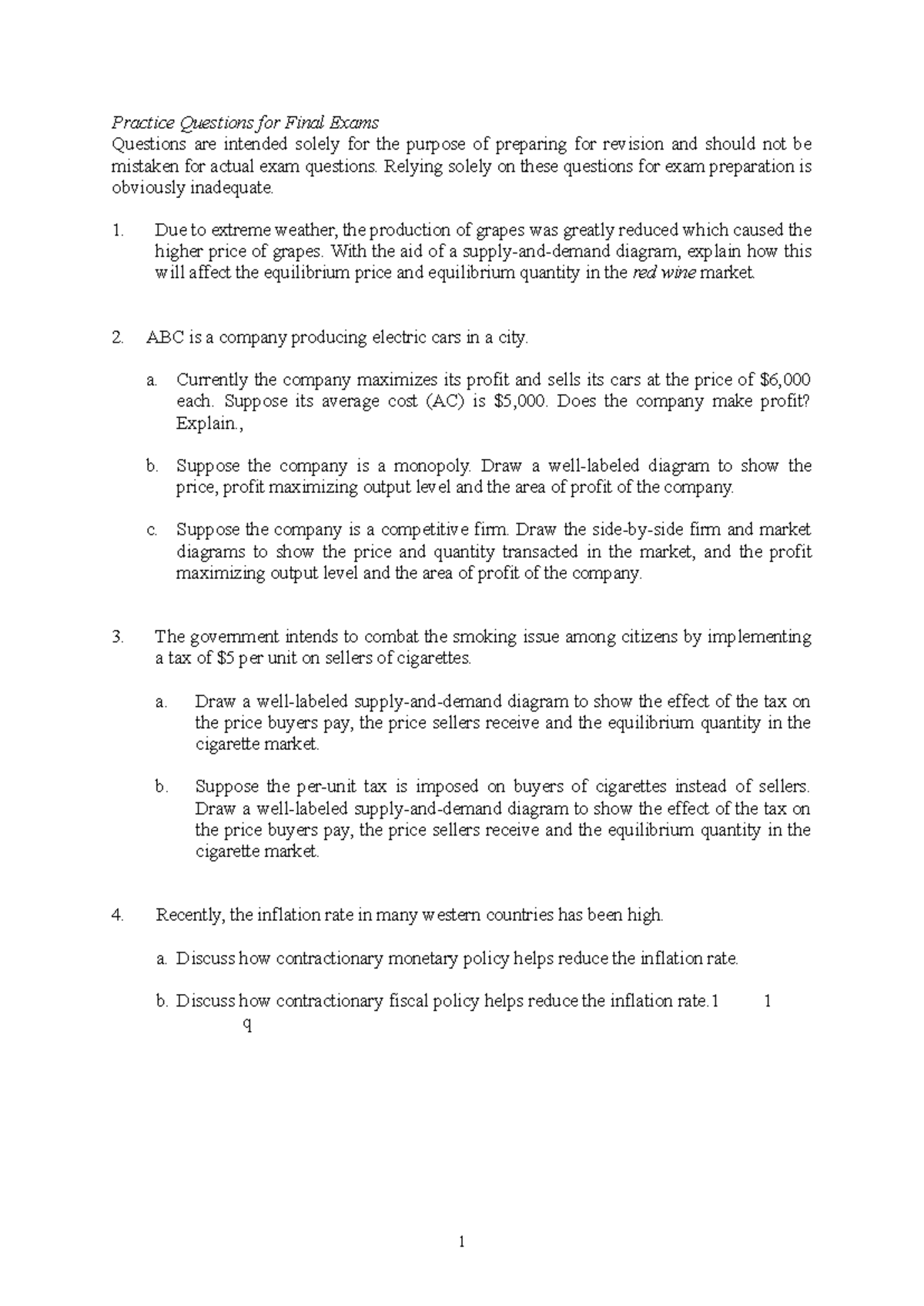 Practice Questions for Final Exam: Economics Concepts & Diagrams - Studocu