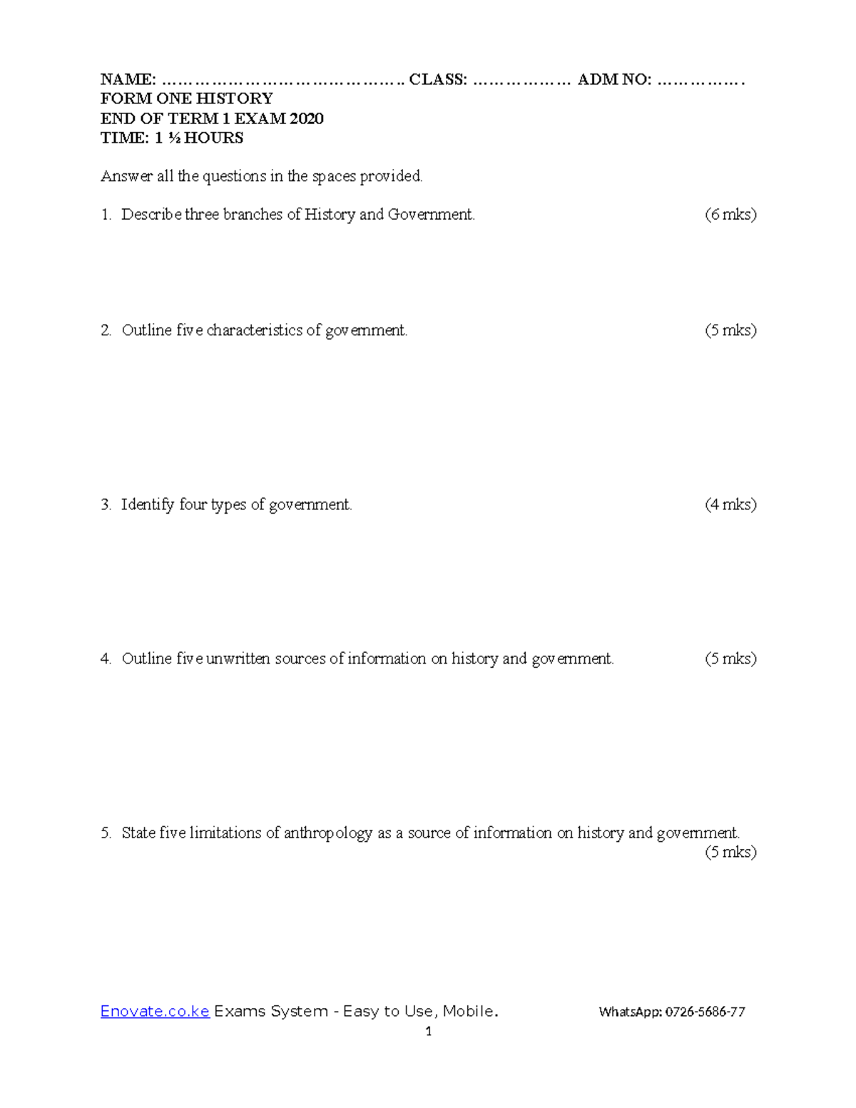 End of Term 1 History Exam 2020 - Form 1 Questions Set 2 - Studocu