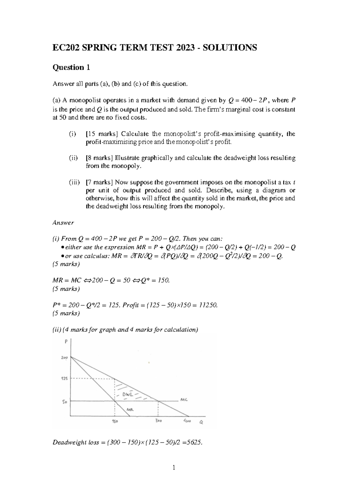 EC202 Spring Term Test 2023 - Solutions & Key Concept Explanations ...