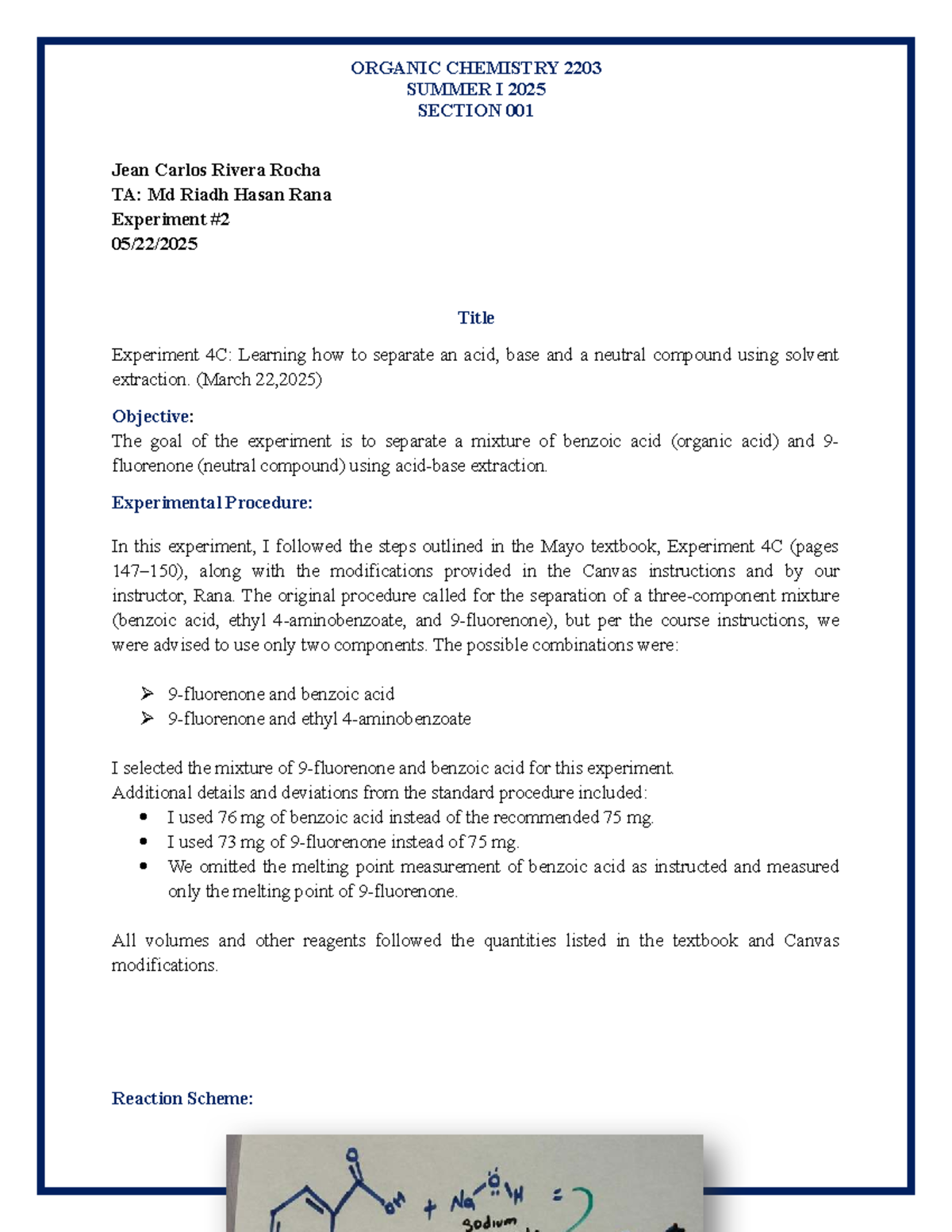 Organic Chemistry 2203 Summer I 2025 Experiment 4C Lab Report Summary ...