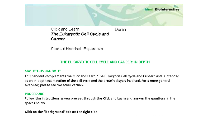 Click and Learn: Eukaryotic Cell Cycle & Cancer - Student Handout - Studocu