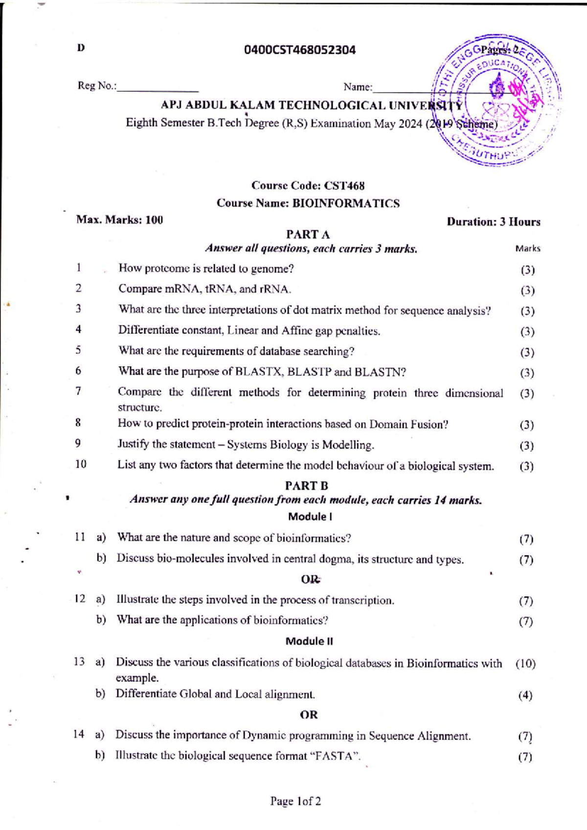 CST468 Bioinformatics Eighth Sem B.Tech Exam May 2024 Guide - Studocu