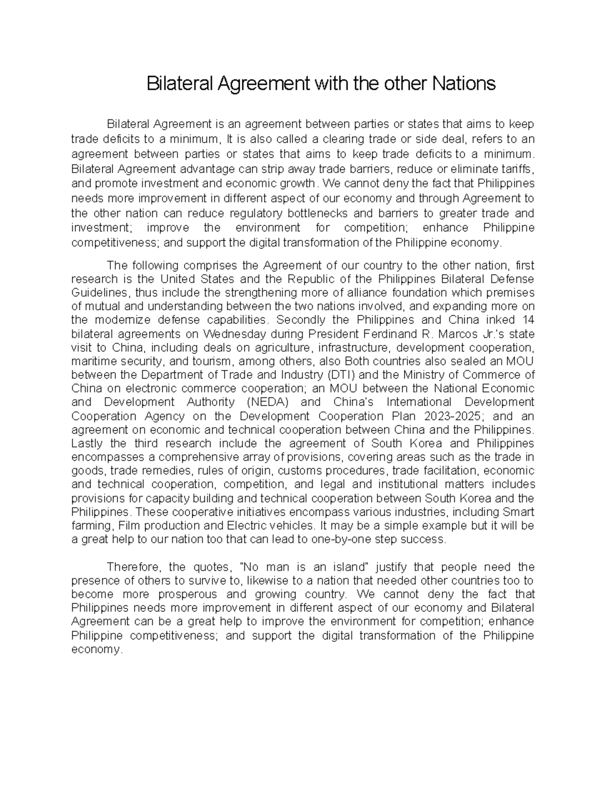 bilateral agreement - Bilateral Agreement with the other Nations ...