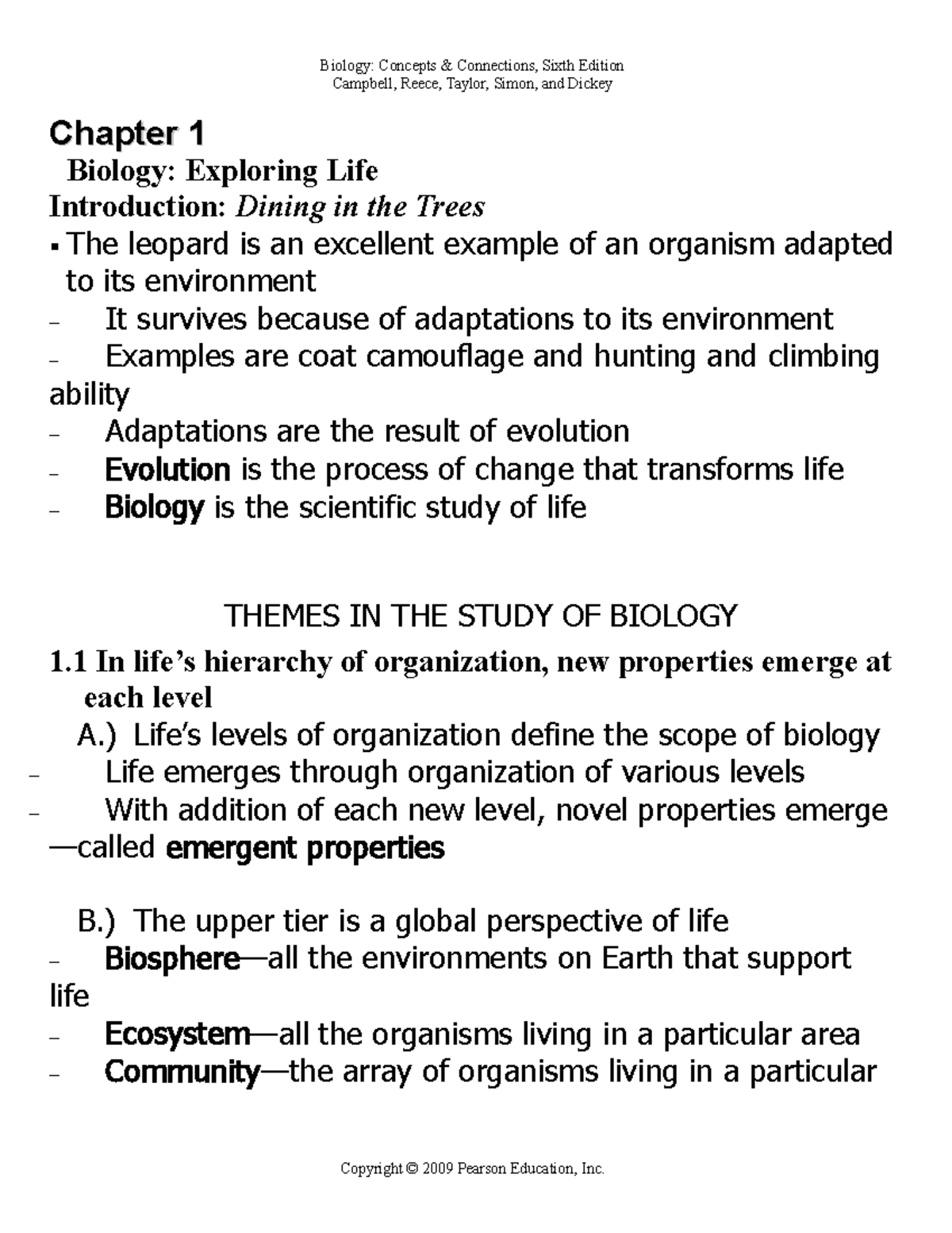 Biology 101: Chapter 1 Outline Notes on Life and Evolution - Studocu