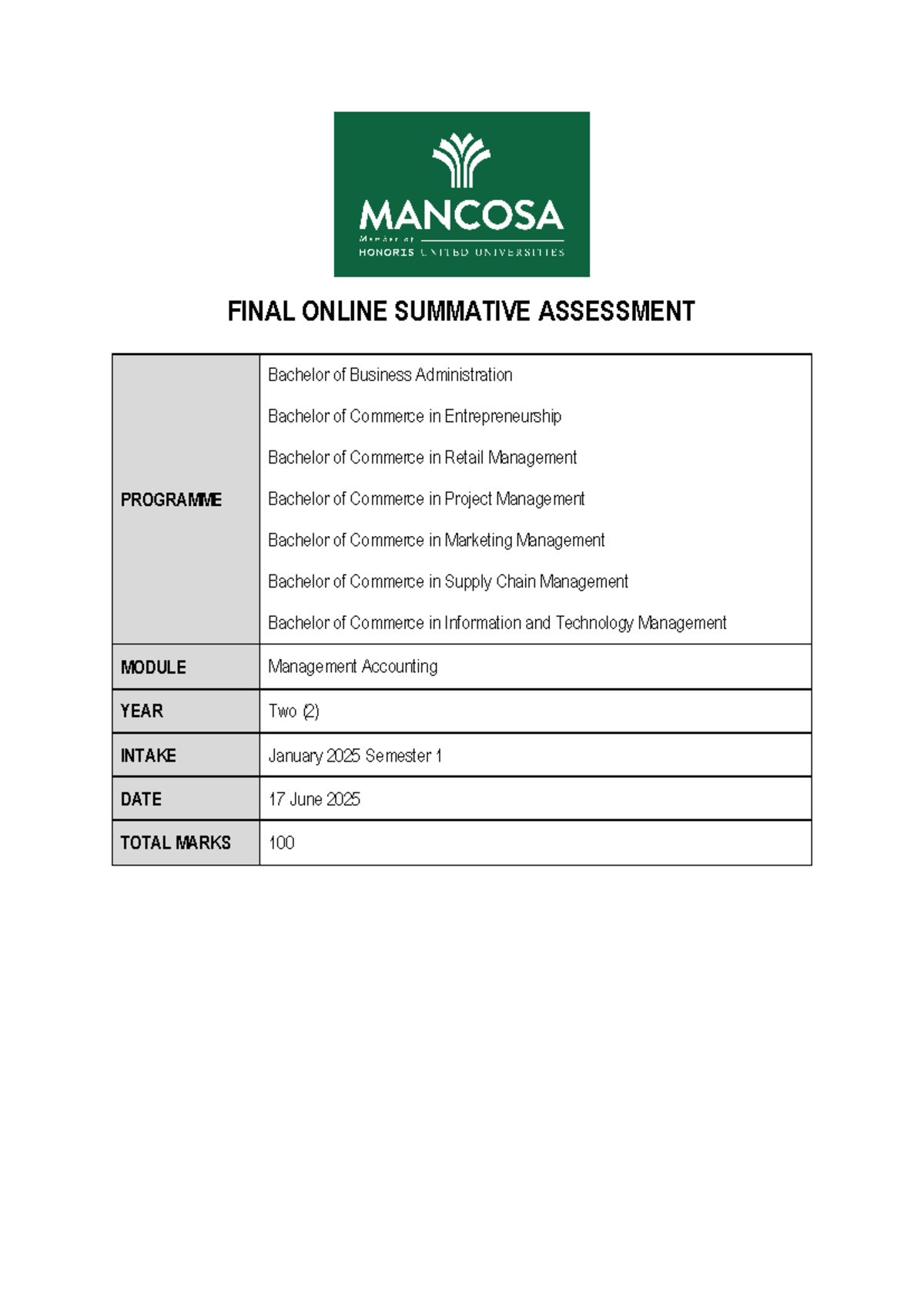 Management Accounting Final OSA - BBA/BCom Year 2, Jan 2025 - Studocu