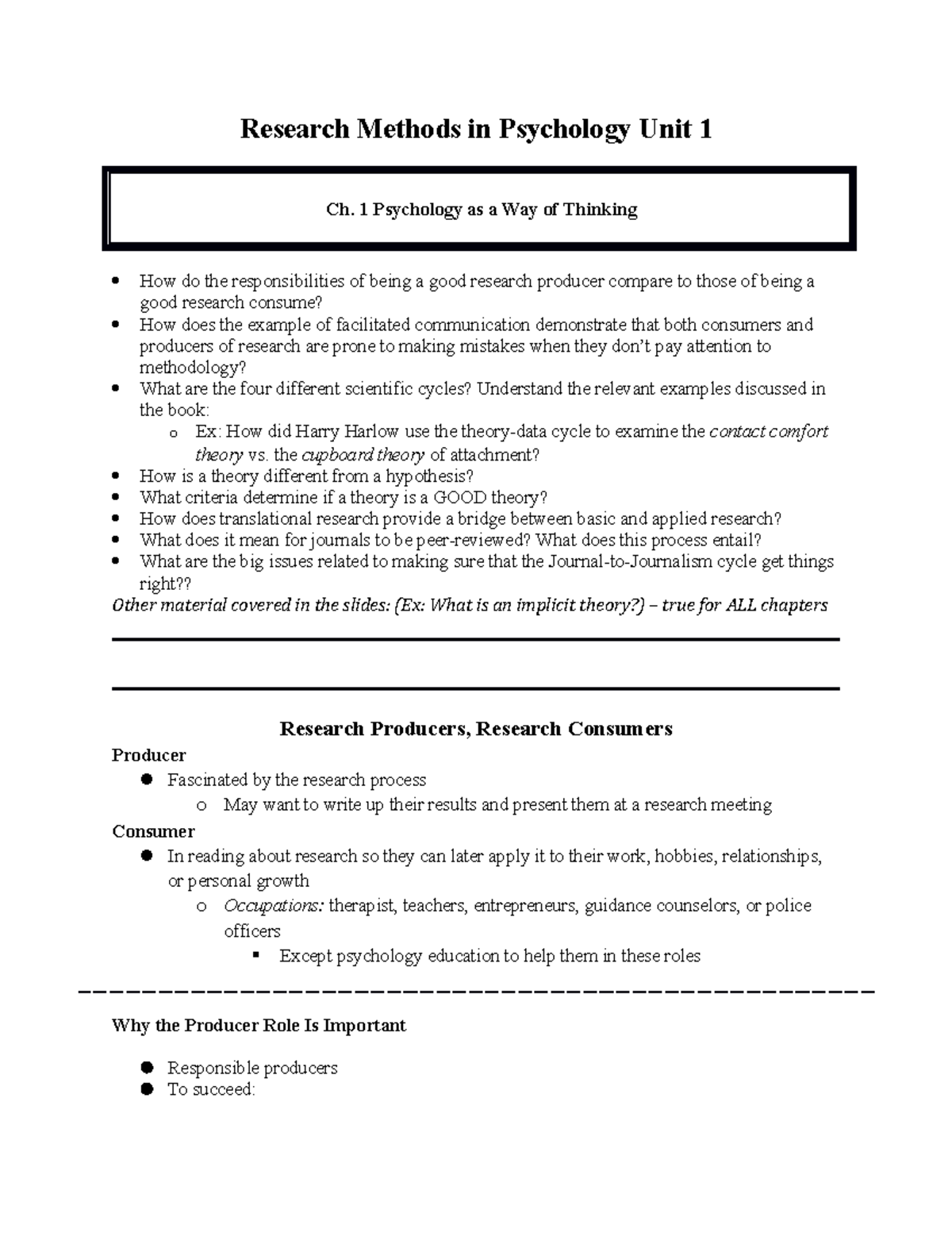 PSY3213C Unit 1 Chapter Notes: Research Methods Overview and Key ...