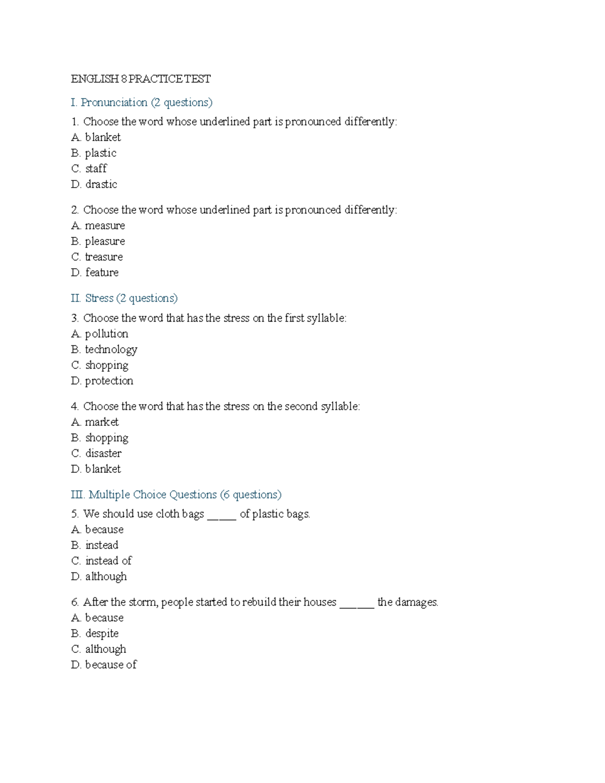 ENGLISH 8 PRACTICE TEST I - Pronunciation, Stress, and Grammar - Studocu