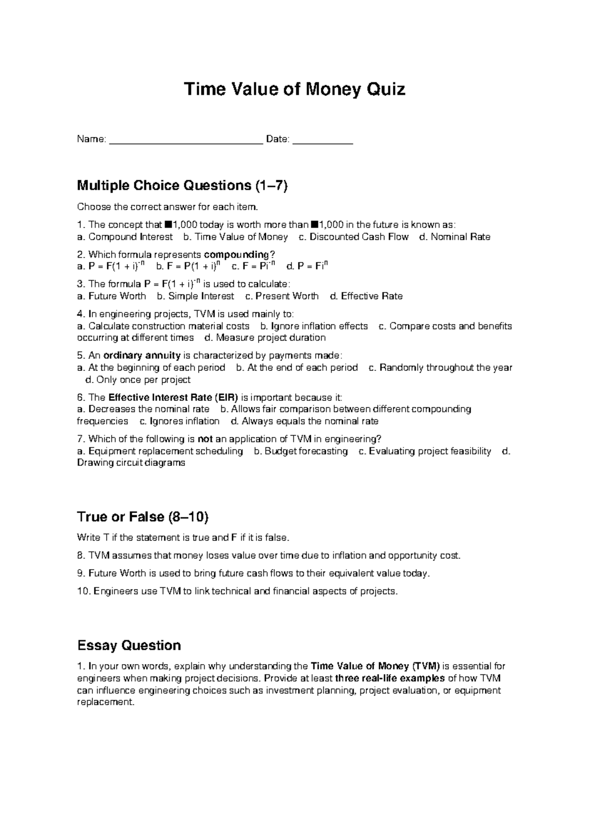 Time Value of Money Quiz (ENG 101) - Multiple Choice & Essay Questions ...