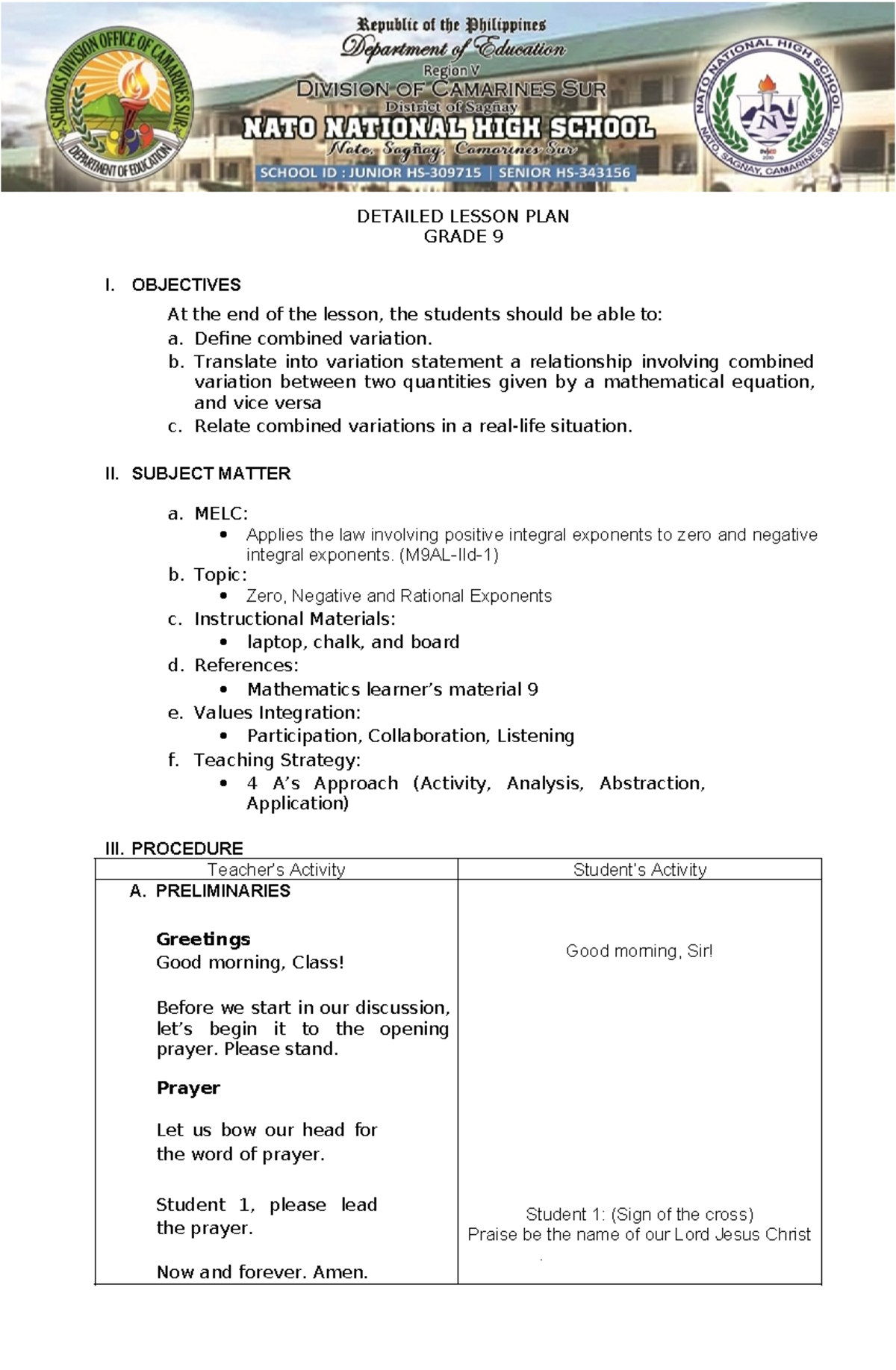 Grade 9 Lesson Plan: Understanding Combined Variation Concepts - Studocu
