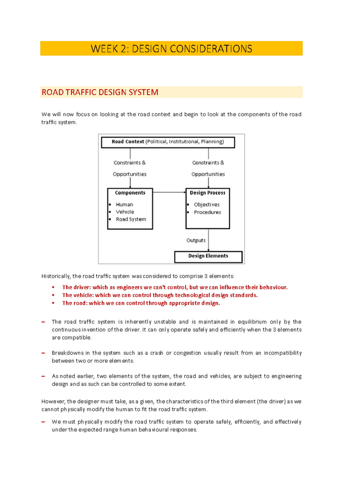 Week 2 notes - WEEK 2: DESIGN CONSIDERATIONS ROAD TRAFFIC DESIGN SYSTEM ...