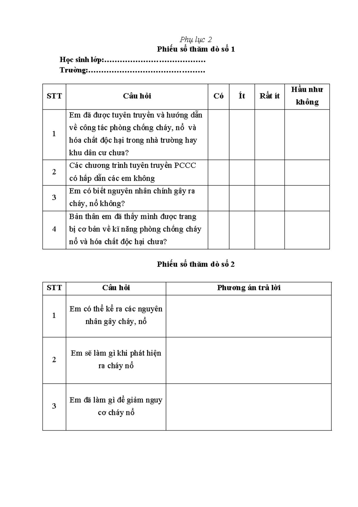 Phụ lục 2 - Phiếu Thăm Dò Về Phòng Chống Cháy Nổ - Studocu