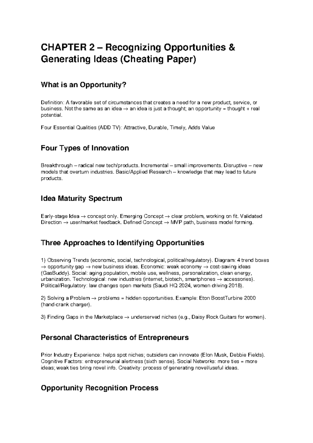 CHAPTER 2: Recognizing Opportunities & Generating Ideas (Cheating Paper ...