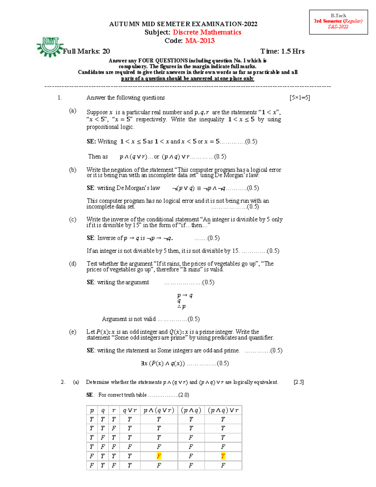 B.Tech 3rd Sem Discrete Mathematics Autumn Midsem Exam Qs 2022 - Studocu
