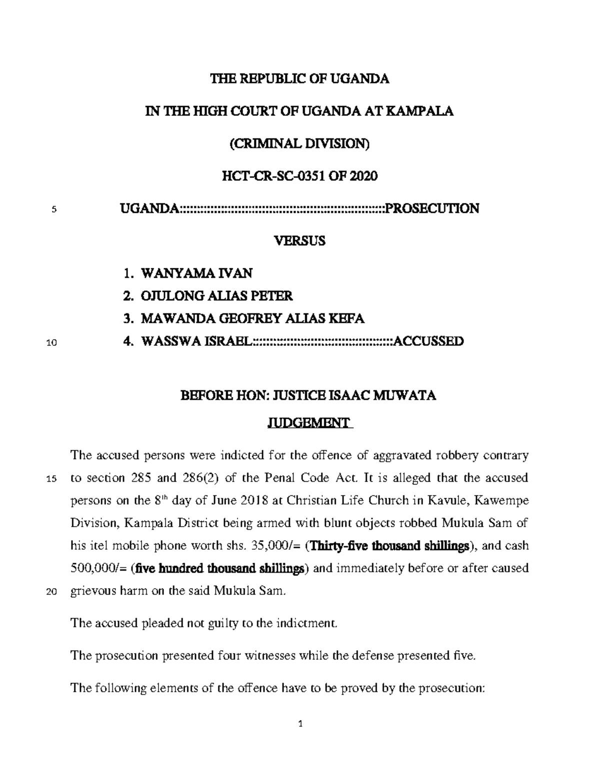 HCT-CR-SC-0351/2020: Judgment on Aggravated Robbery Case - Studocu