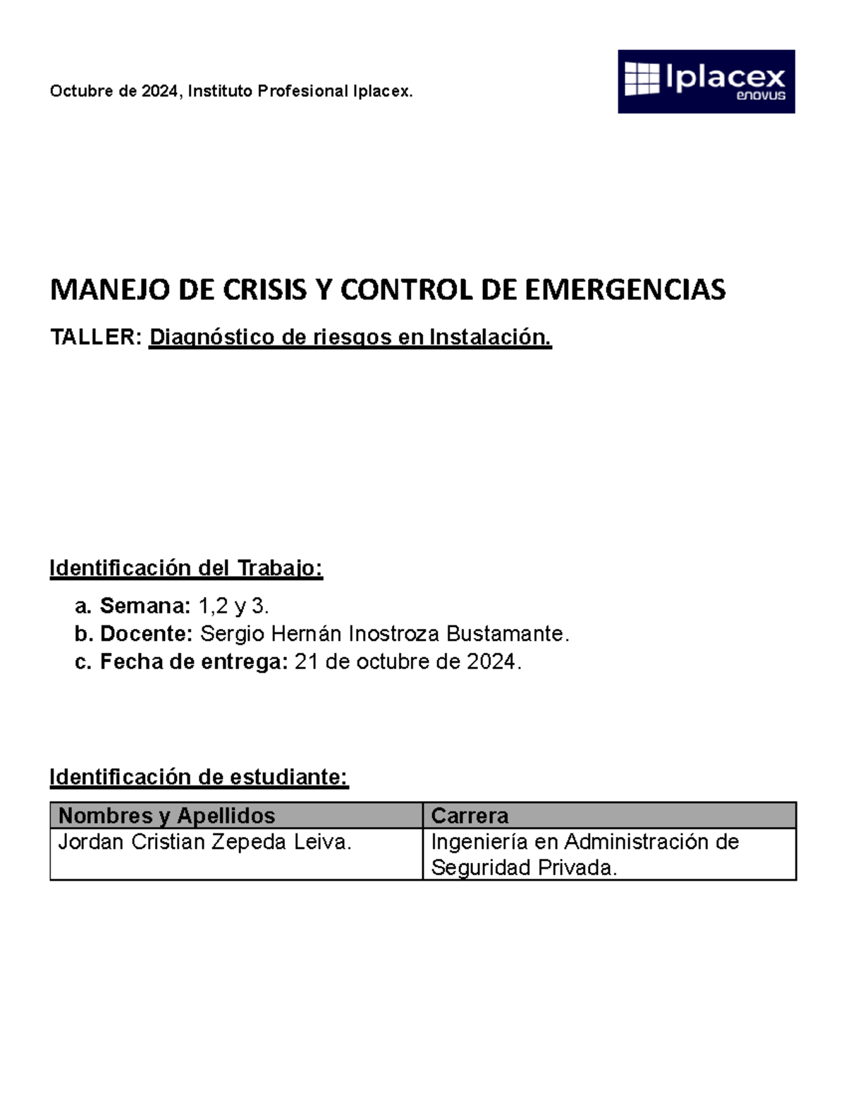 Taller 01: Manejo de Crisis y Control de Emergencias - Iplacex - Document Preview