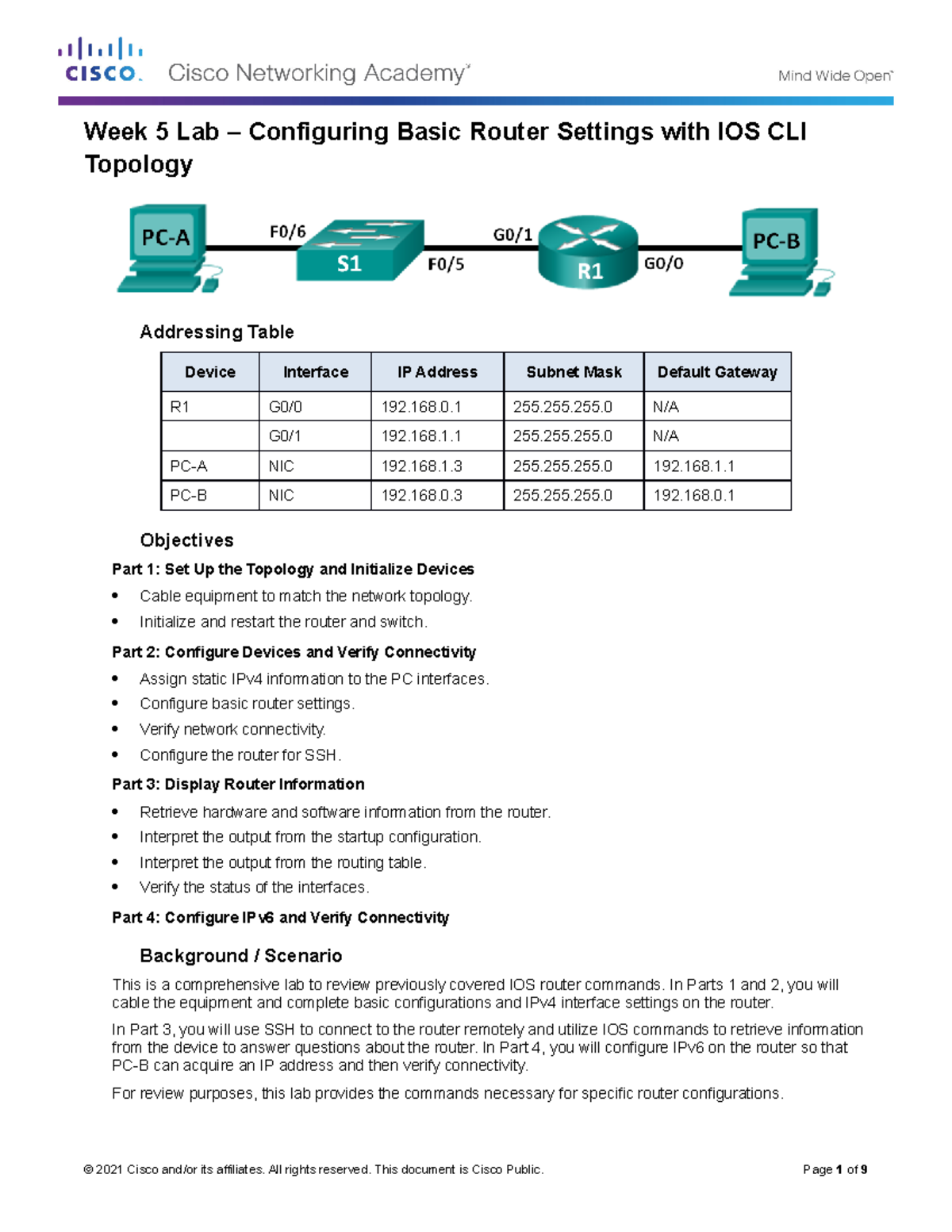 Week 5 Lab - Configuring Basic Router Settings with IOS CLI - 168.0 255 ...
