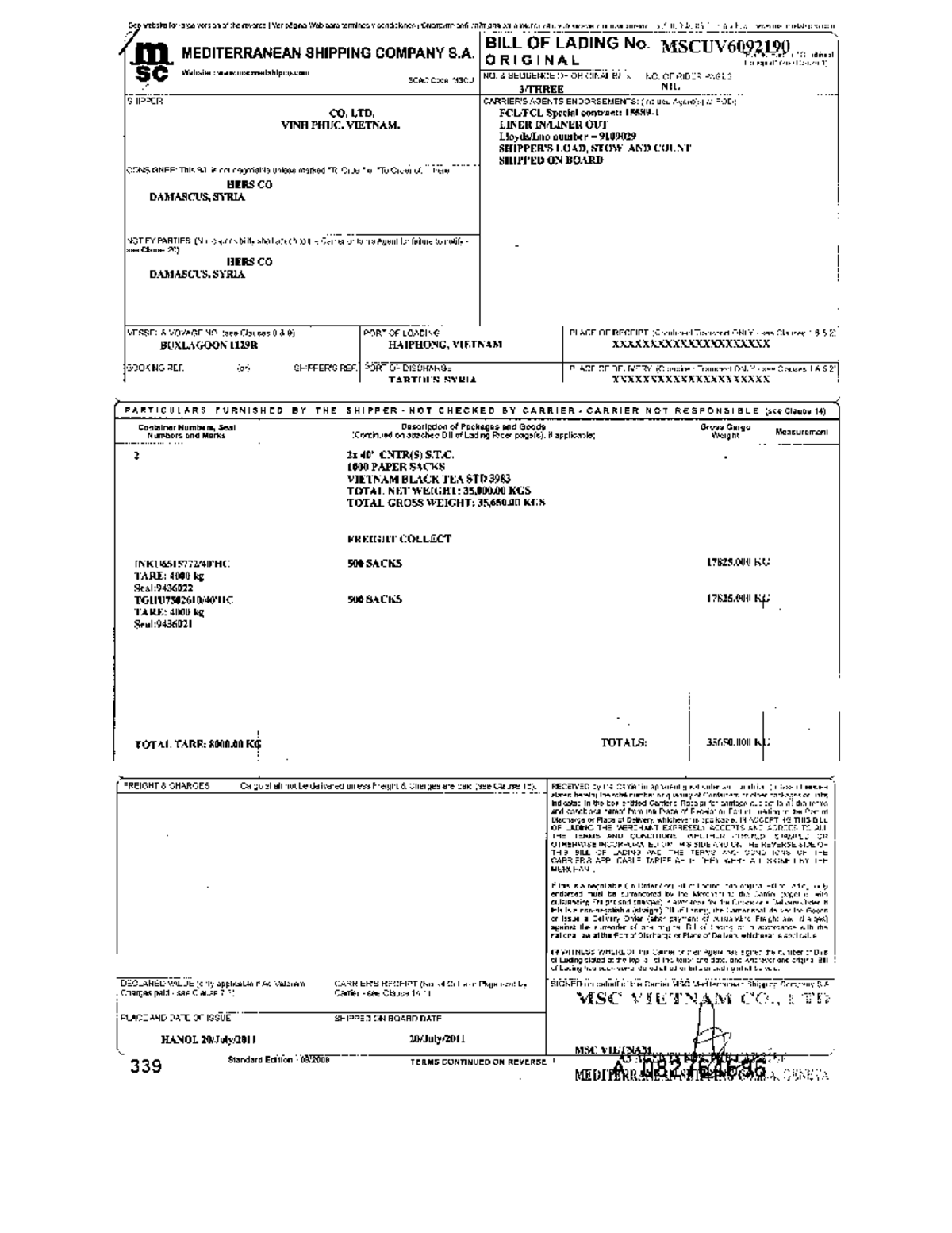 Msc Bill Of Lading Draft
