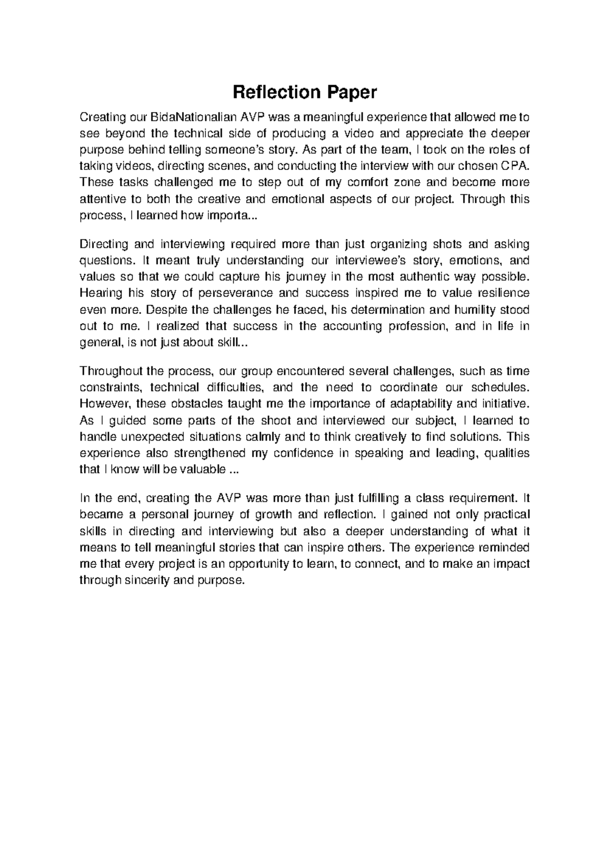 Individual Reflection Paper on Bida Nationalian AVP Experience - Studocu