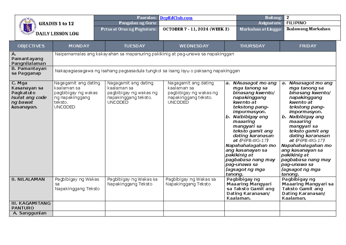 DLL Filipino 6 Q2 W2: Daily Lesson Objectives and Activities - Studocu