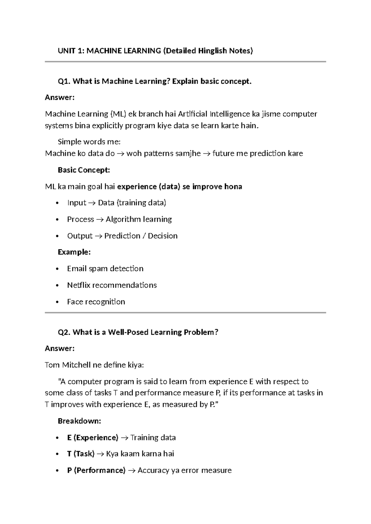 UNIT 1: MACHINE LEARNING - Detailed Hinglish Exam Notes - Studocu
