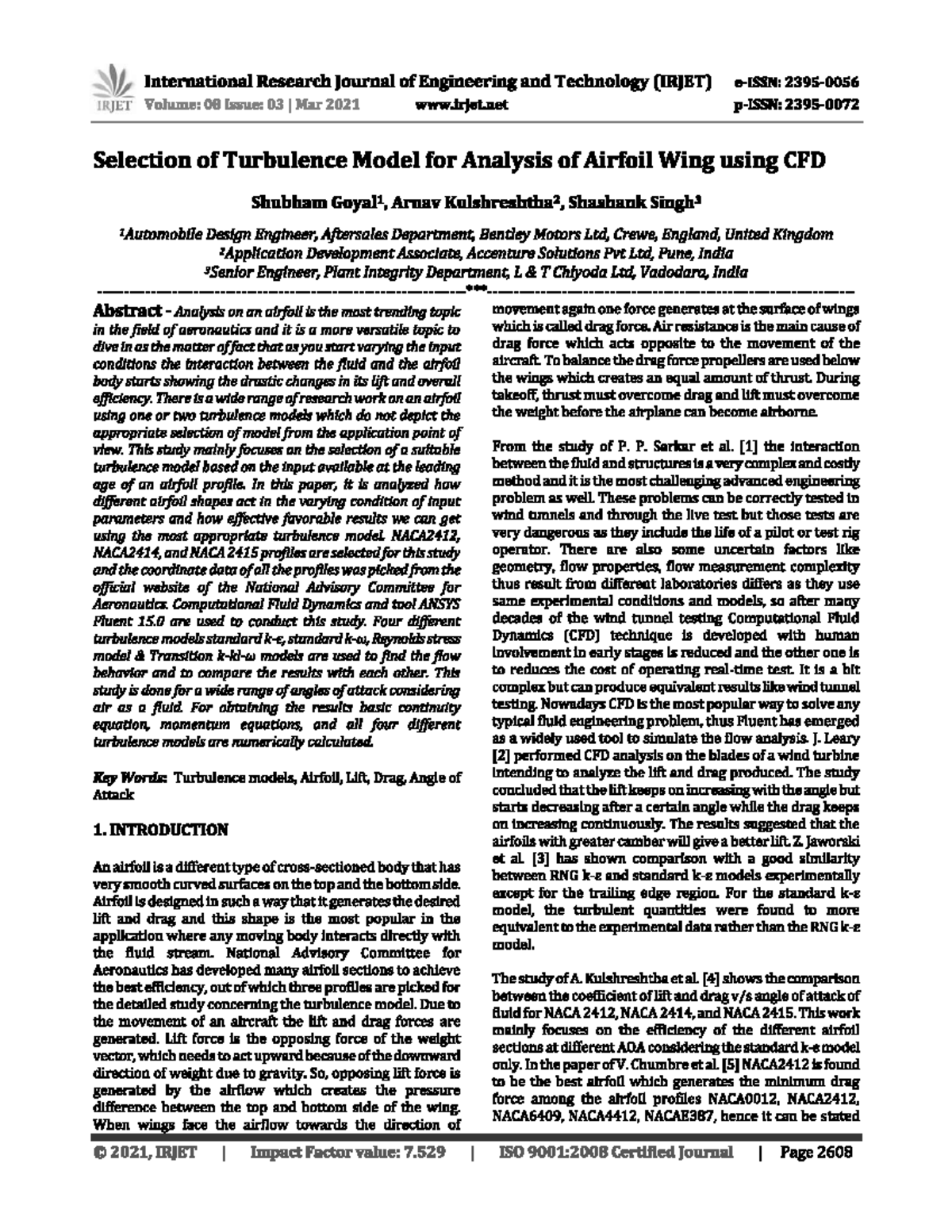 Selection of Turbulence Models for Airfoil Analysis using CFD (JET ...