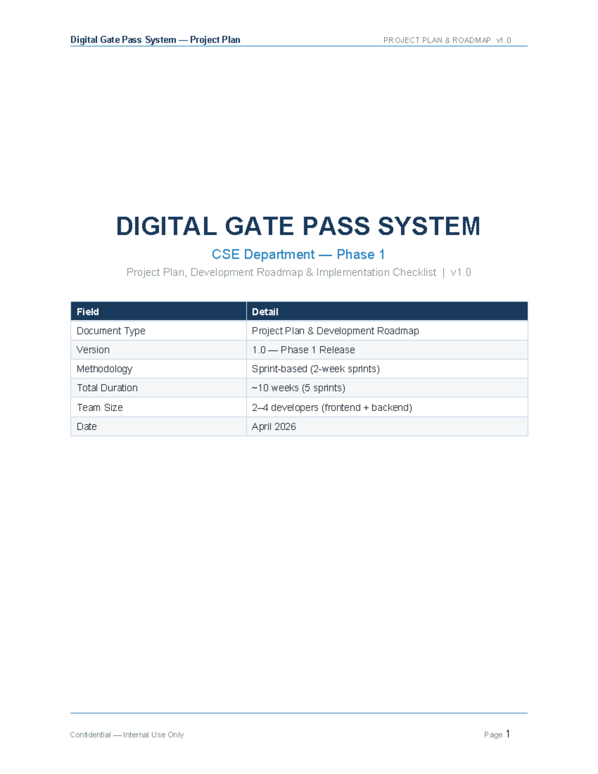 CSE 2026 Digital Gate Pass System Project Plan v1.0 - Studocu