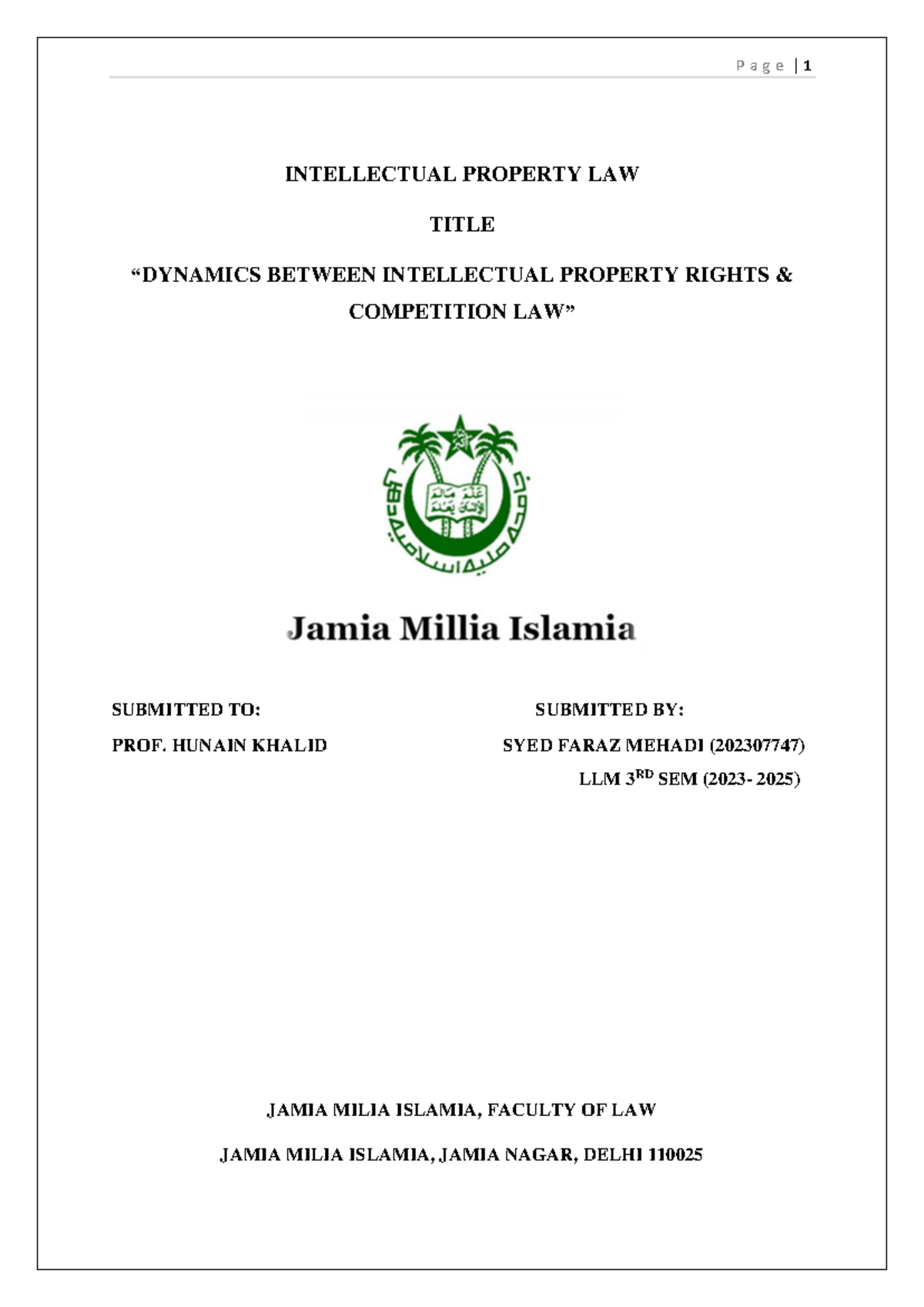 IPR Project mandatory - INTELLECTUAL PROPERTY LAW TITLE “DYNAMICS ...