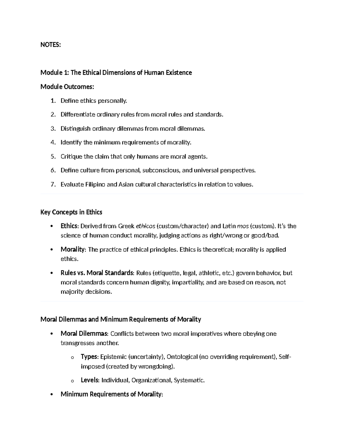 Ethics Notes: Exploring Human Existence and Morality Concepts - Studocu