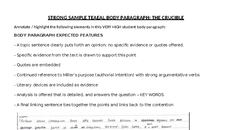 Strong Sample Teaeal BODY Paragraph THE Crucible - STRONG SAMPLE TEAEAL ...