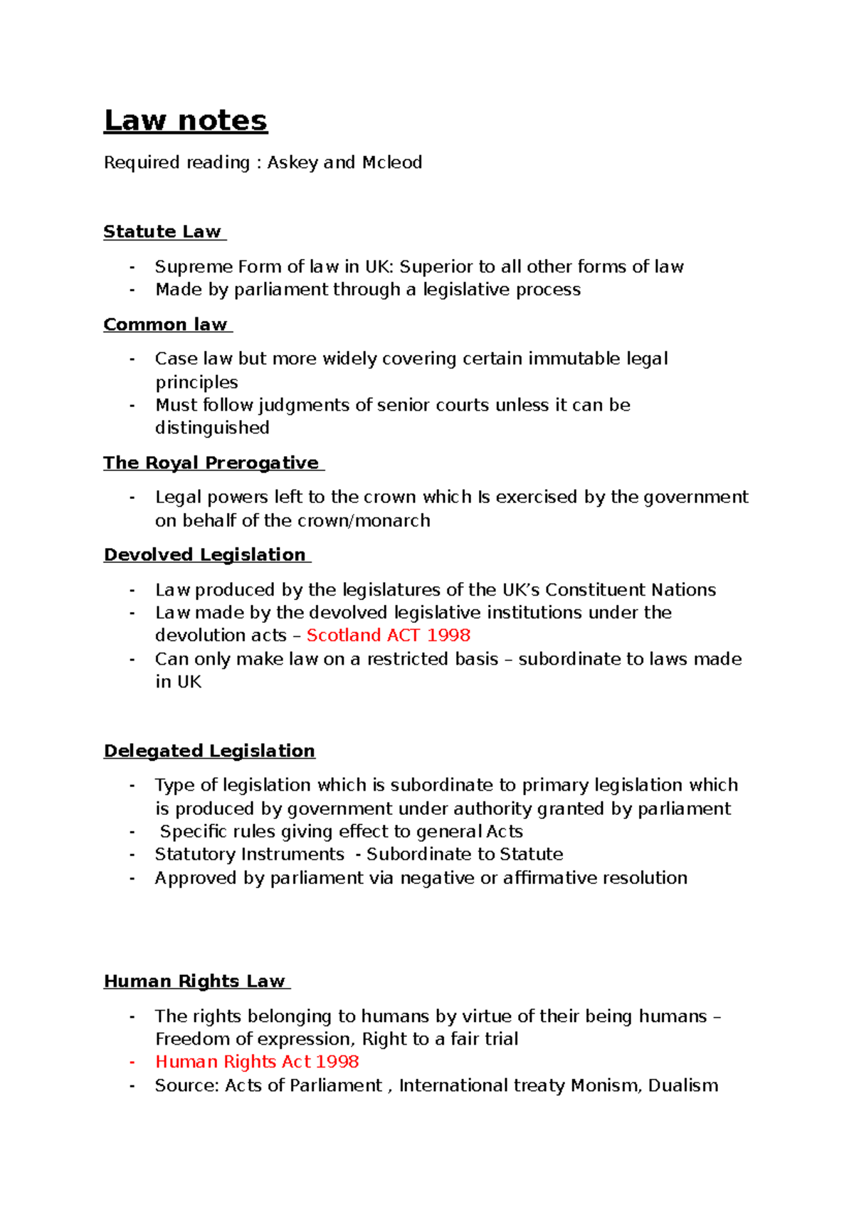 Law Lecture Notes: Statute, Common Law, and Human Rights Overview - Studocu
