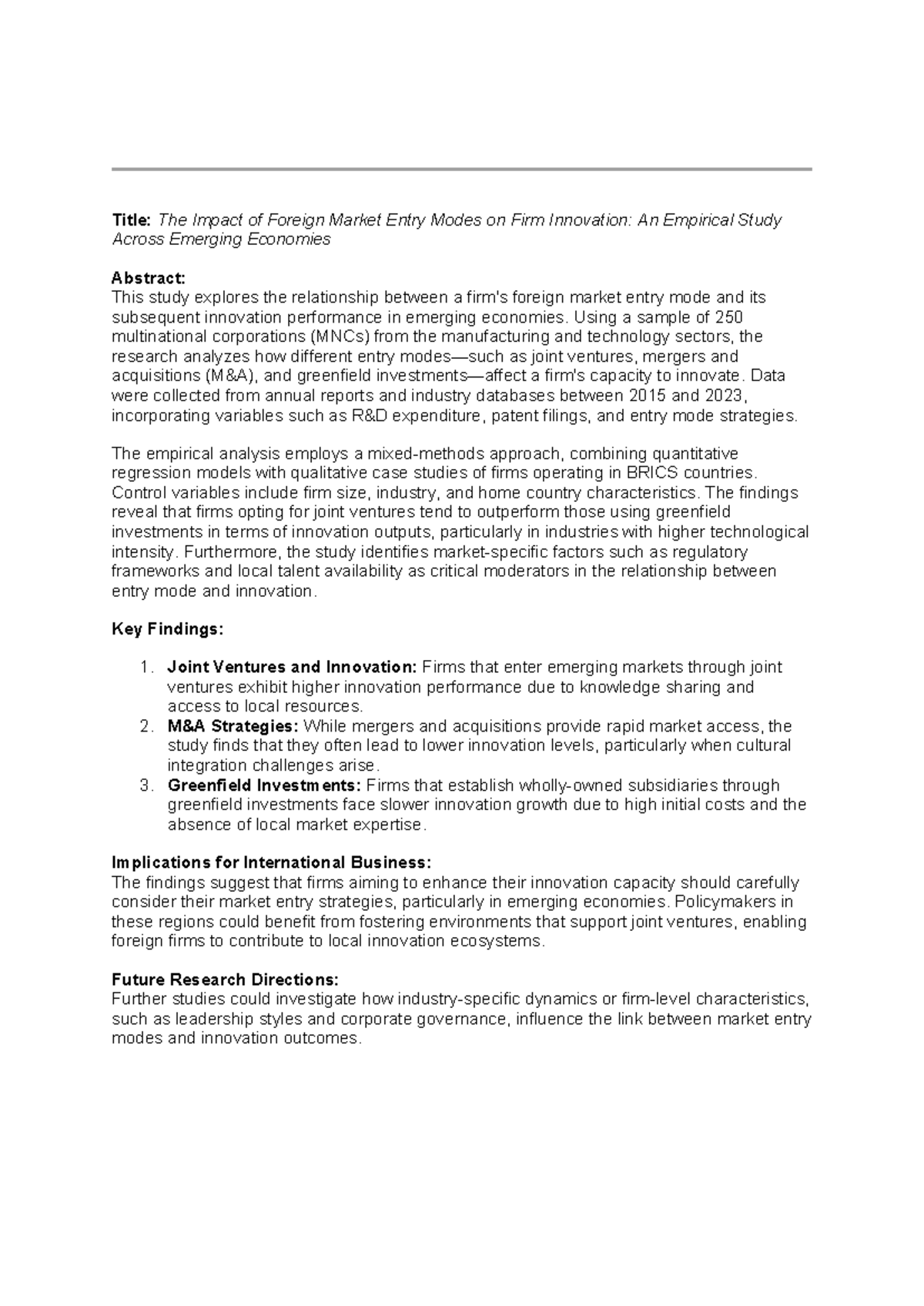 The Impact of Foreign Market Entry Modes on Innovation Performance ...