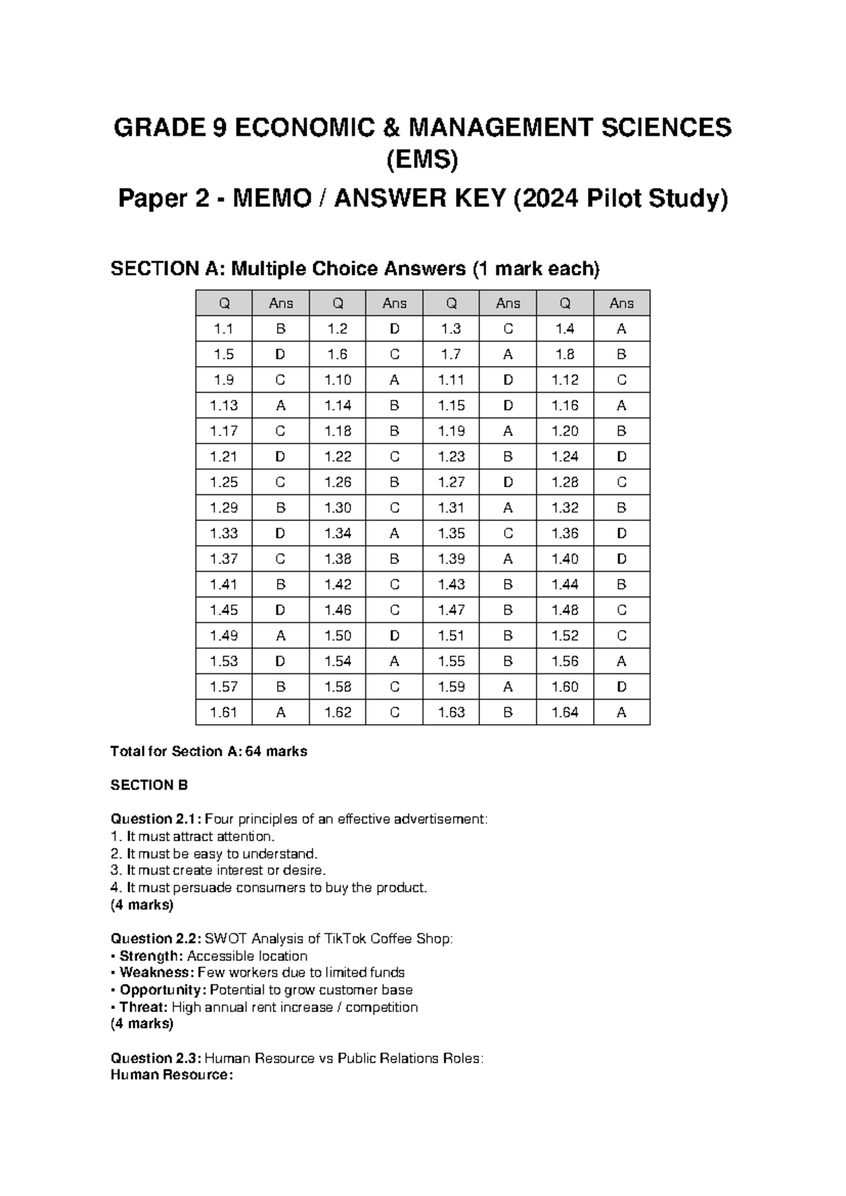 GRADE 9 EMS Paper 2 Memo Answer Key (2024 Pilot Study) - Studocu