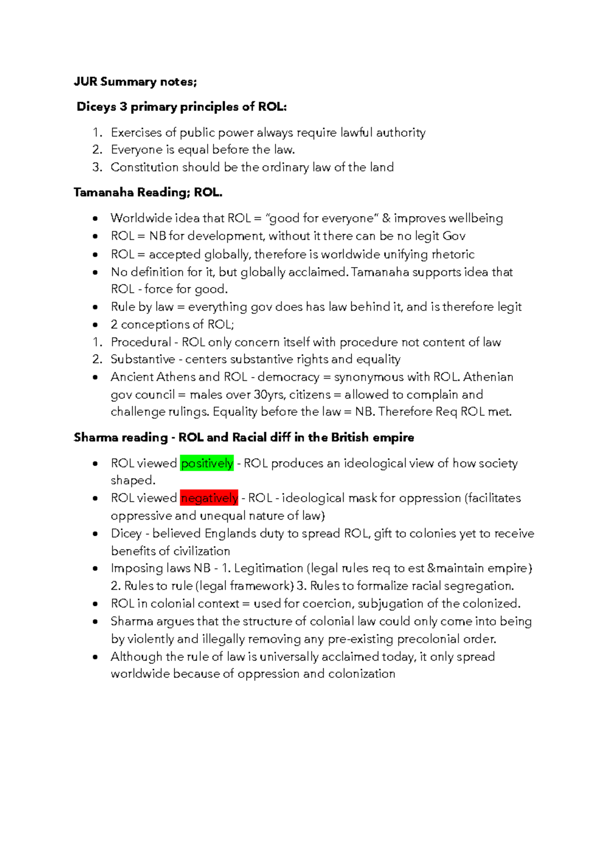 JUR Summary: Key Principles of Rule of Law and Legal Theories - Studocu