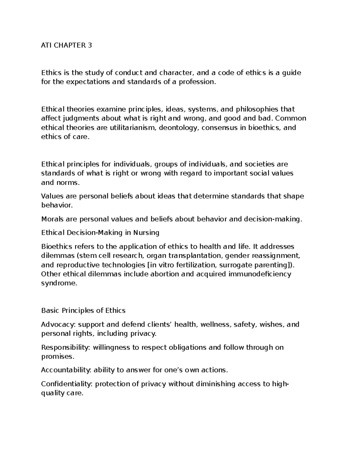 ATI CHAPTER 3 & 4: Ethics and Legal Standards in Nursing Practice - Studocu