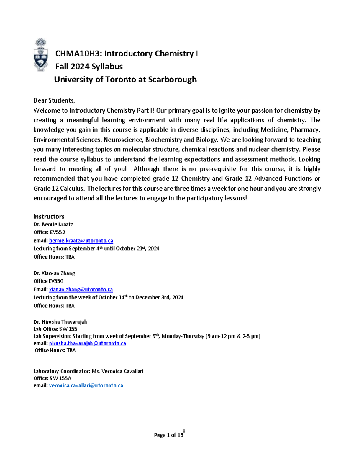 CHMA10H3: Fall 2024 Introductory Chemistry I Course Syllabus - Studocu