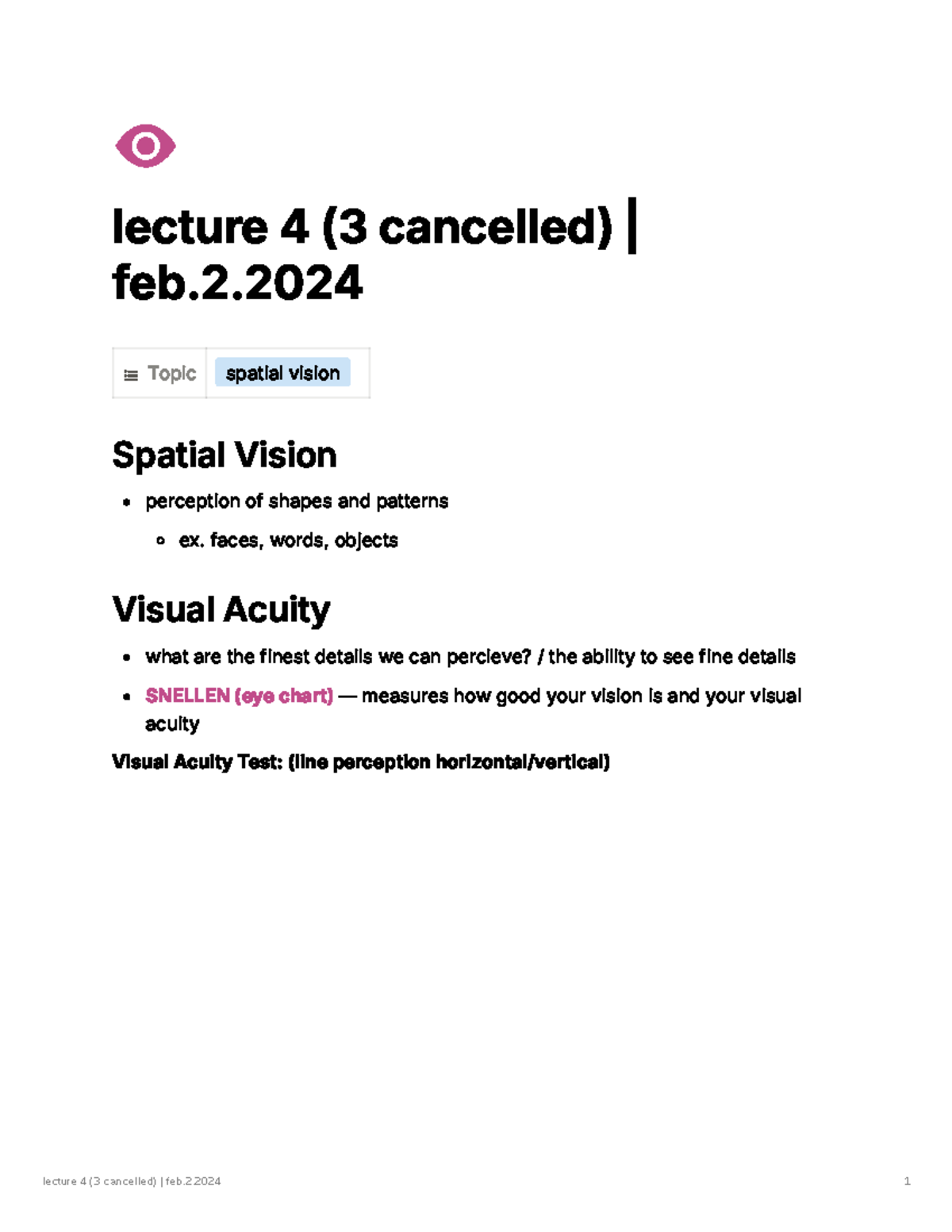 Lecture 4 (3 Cancelled) - Spatial Vision and Visual Acuity Insights ...