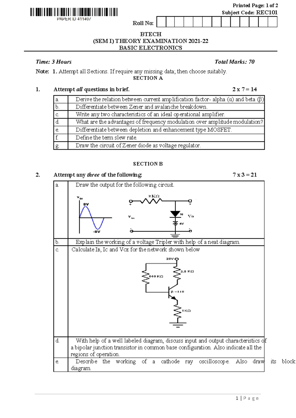 Btech 1 sem basic electronics rec101 2022 - Printed Page: 1 of 2 ...