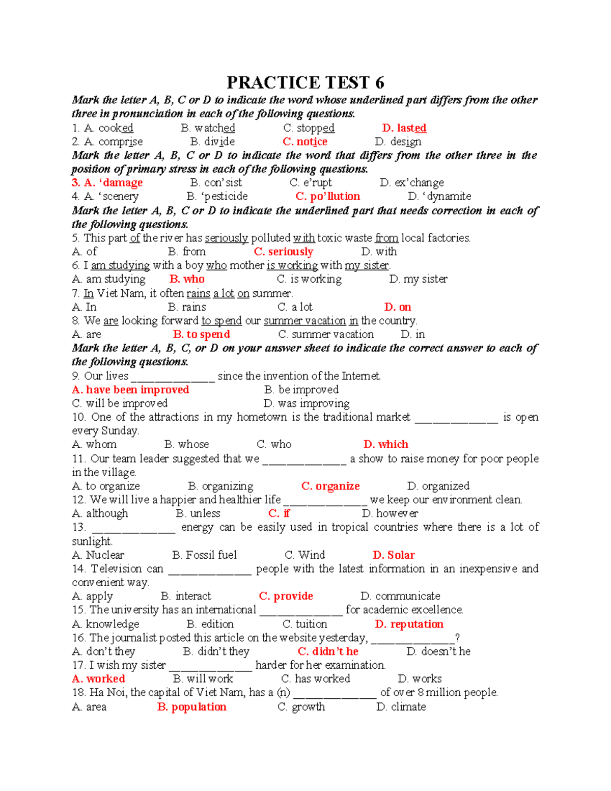 Practice Test 6: Pronunciation, Stress, and Grammar Questions - Studocu