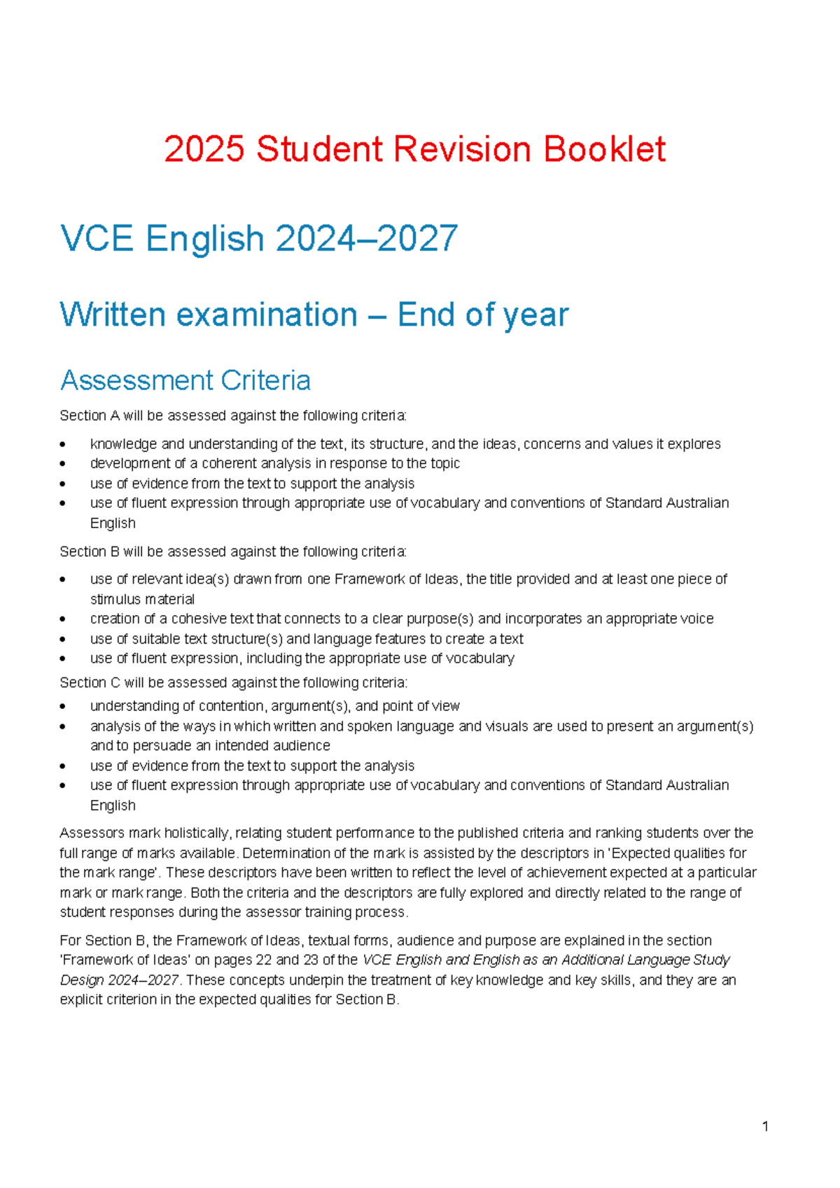 VCE English 2025 Revision Booklet: Assessment Criteria & Practice ...